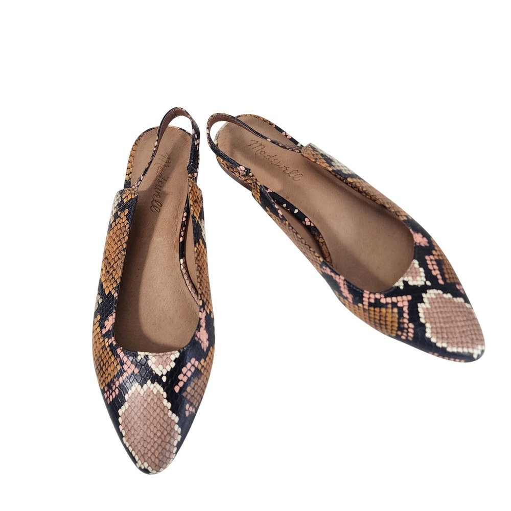 Madewell Snake Print Slingback Flats Pointed Toe Leather Size 7 neutral staple